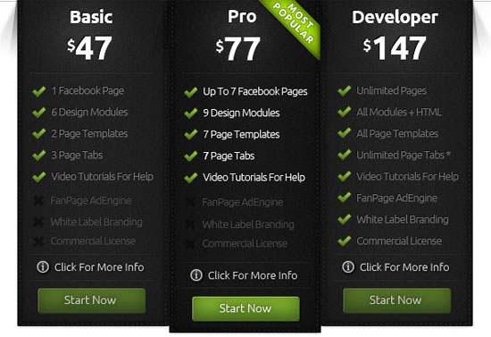 fan page engine pricing table